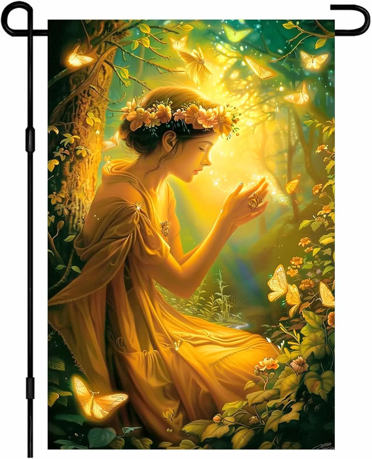 IVN Enchanted Forest Fairy Garden Flag 12x18 Inches Magical Nature Yard Decor with Flower - Crown Fairy & Glowing Butter AAI GGO