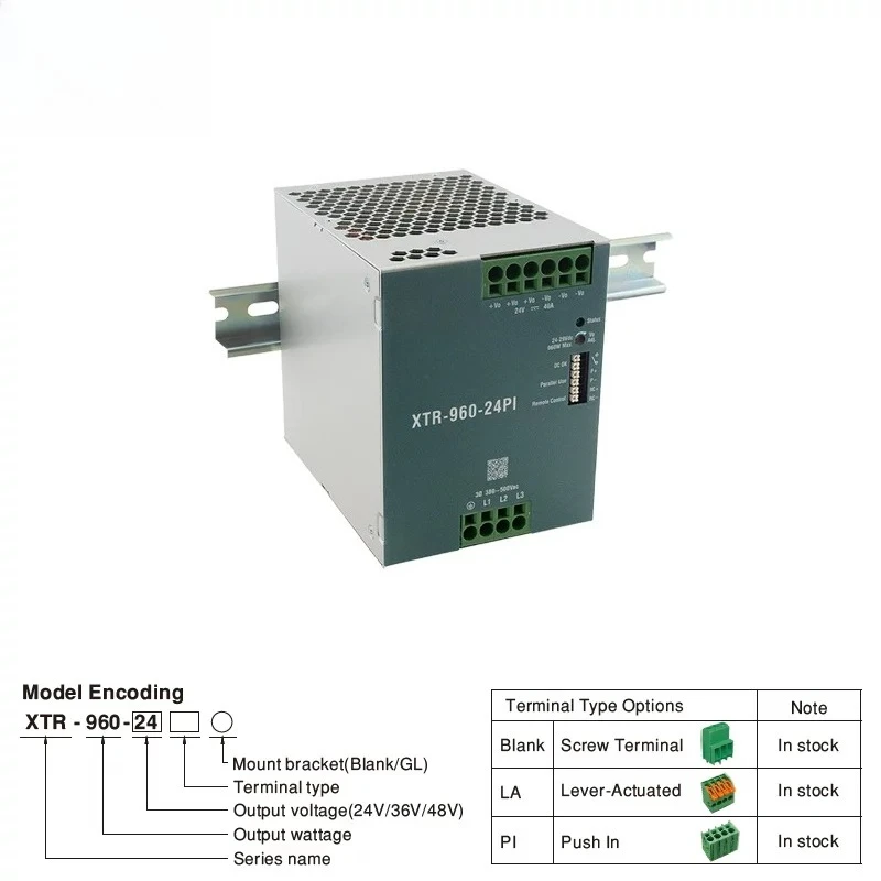 XTR-960 Series 24V36V48V LA/PI Three-Phase Input DIN Rail Power Supply