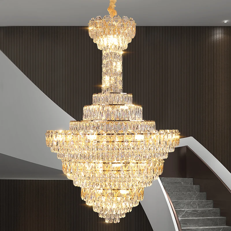 2024 New Duplex Large Chandelier Villa Building Middle Floor Living Room Crystal Light Luxury Crystal Jump Floor Long Chandelier