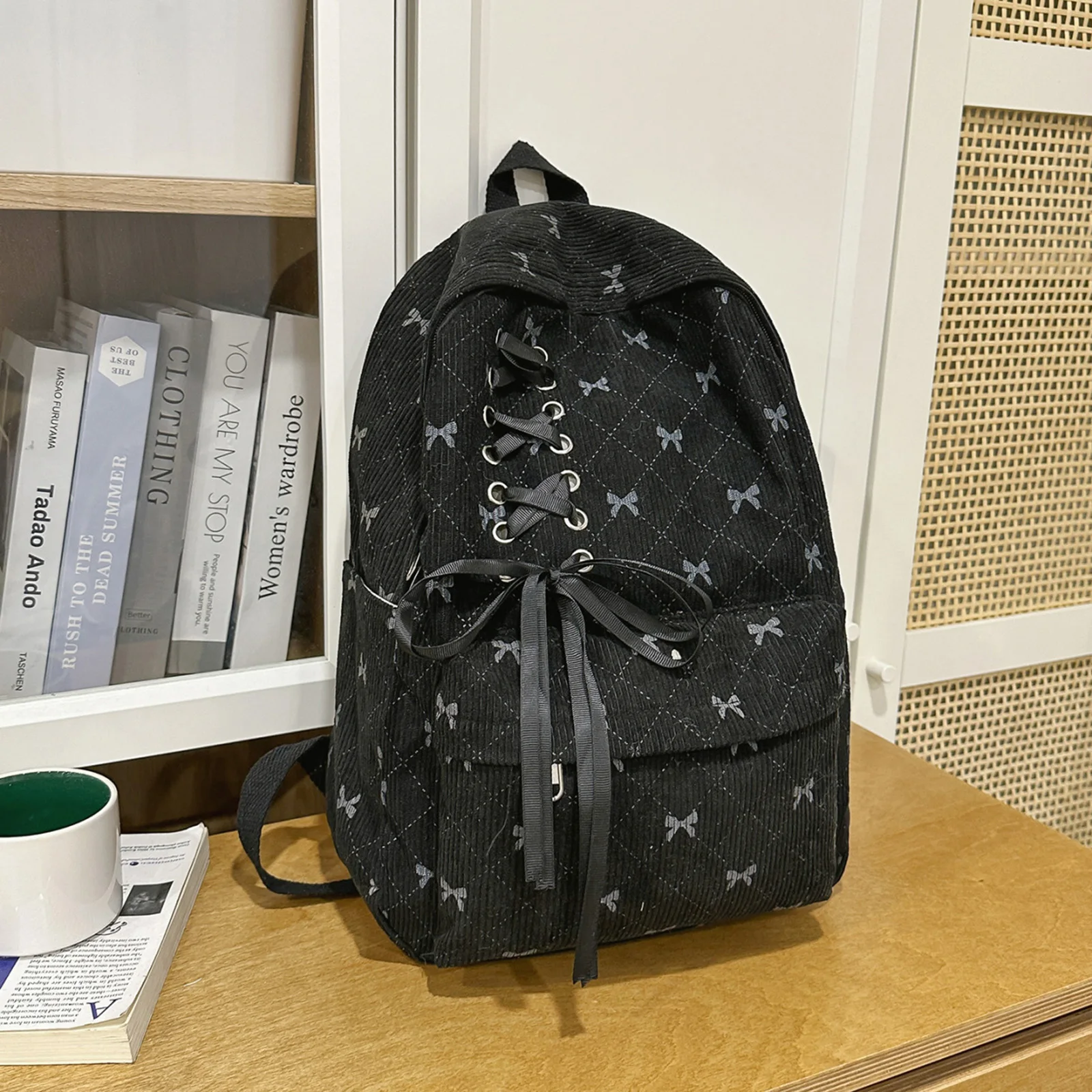 

School Backpack for Students with Bow-Decoration and Stripe Design Polyester Material Lightweight and Stylish