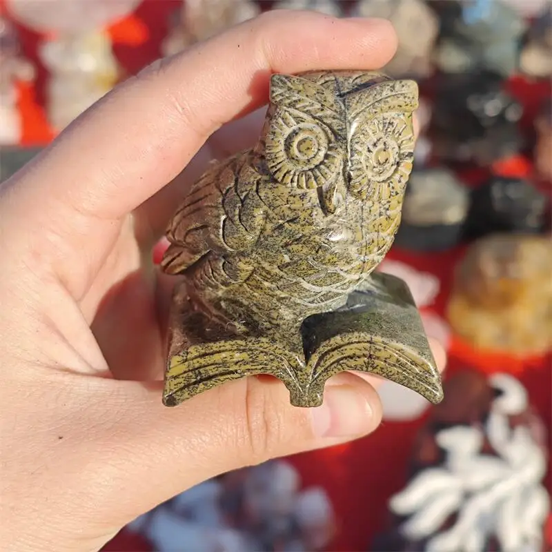 Natural Ocean Jasper Owl Carving Healing Fengshui Gemstones Home Decoration Holiday Gift 1PCS