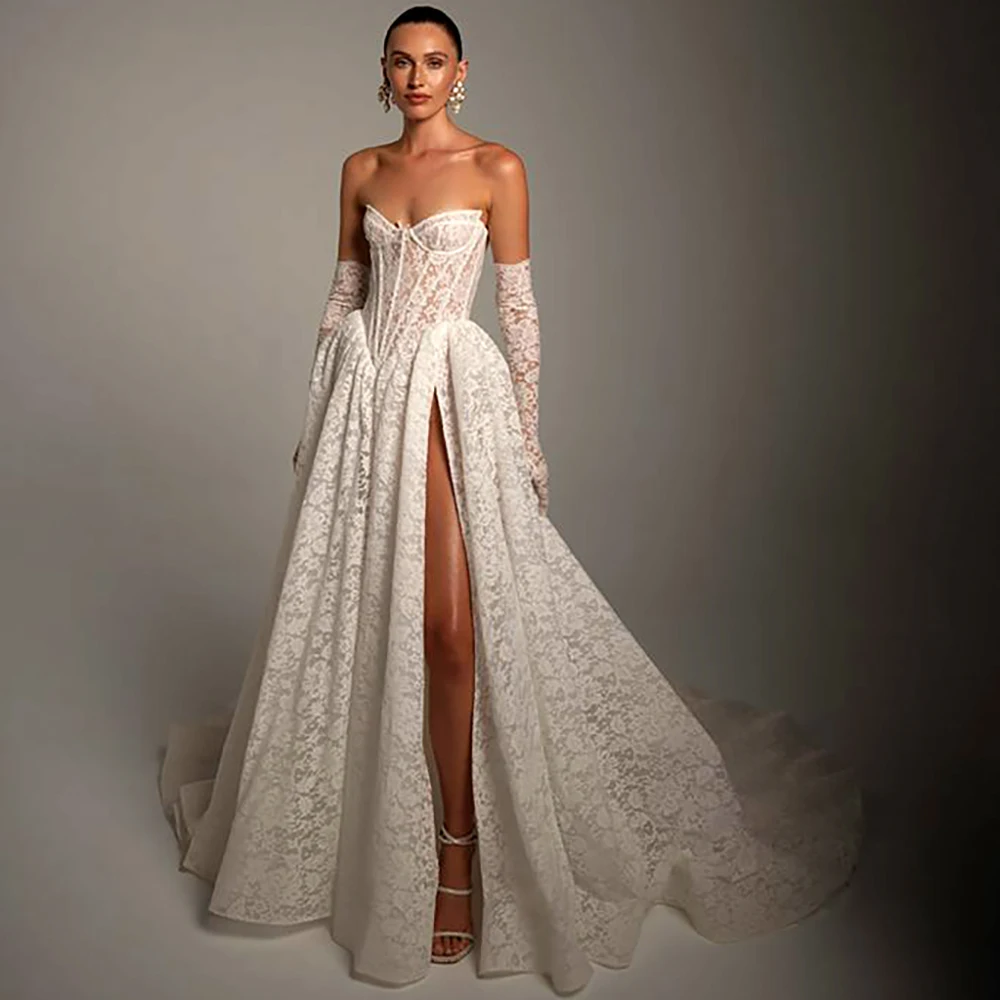 Strapless Lace Wedding Dress With Detachable Long Gloves High Slit A Line Ball Gown Corset Bodice Bridal Gown For Bride 2026