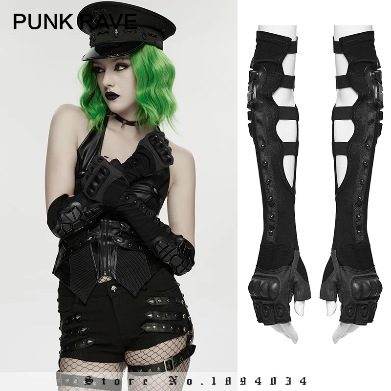 

Женские перчатки PUNK RAVE в стиле киберпанк, эластичные, вязаные, без пальцев, с жесткой защитой в виде косточек, аксессуары для клуба в стиле хардкор