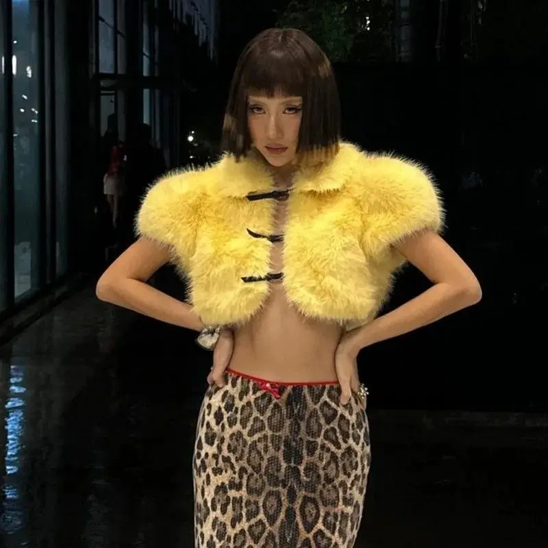 Feminino Pure Color Fur Or Top Svel Ultra-ort Sle Faionable E Sli Trans-seasonal Outerwear