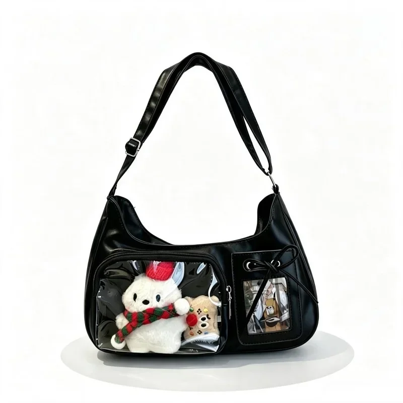 Y2K Ita Underarm Bag Transparent Window Pocket Plush Badge Display Shoulder Messenger Bag for Teen Girls