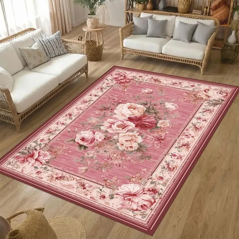 VIKAMA Pink Romantic Retro Rose Floral Rug, Vintage Country Washable Non-Slip Soft Carpet for Bedroom Living Room