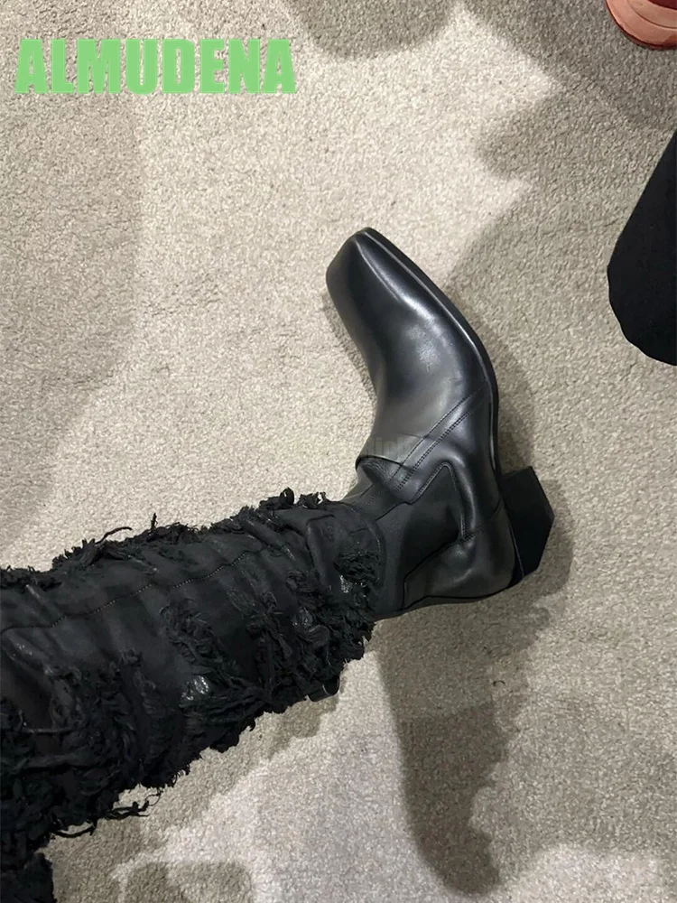 أحذية بمقدمة مربعة، كعب متوسط للدراجات النارية، أحذية عصرية للرجال والنساء بتصميم بسيط من الجلد وأكمام قصيرة #4