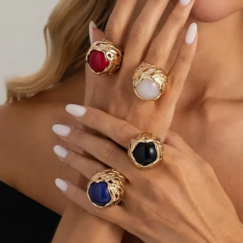 IngeSight.Z Exquisite Retro Inlaid Resin Thick Open Rings Women Punk Geometry Chunky Stackable Knuckle Ring Aesthetics Jewelry