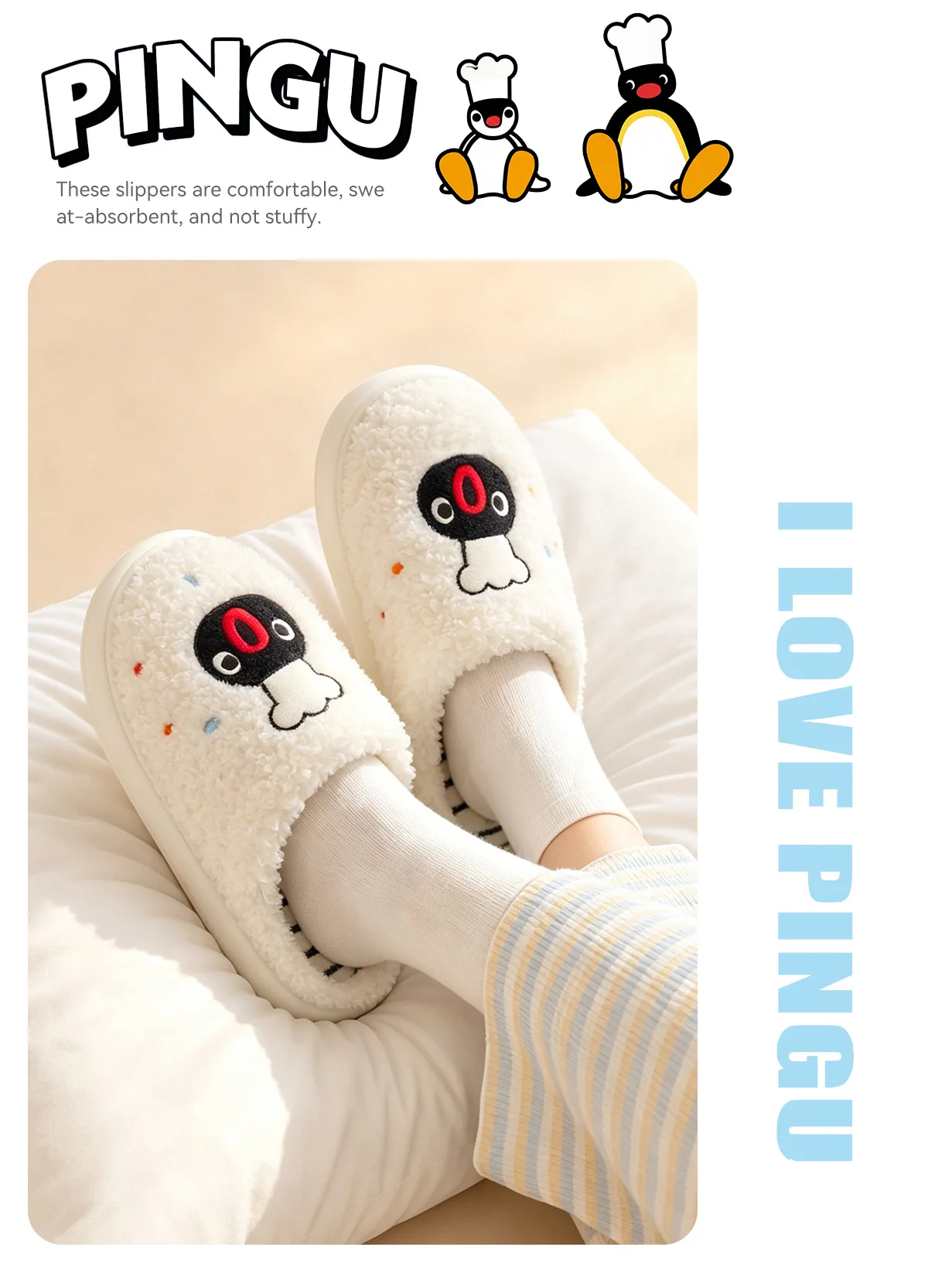 Lizenzierte Pingu-Stickerei-Plüschpantoffeln für Damen, dicke Sohle, warme, flauschige Slip-On-Hausschuhe für den Winter. – Detail 13