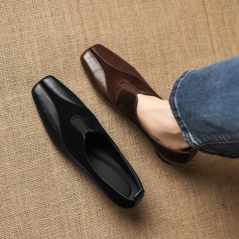 2026 new spring summer women pumps natural leather 22-25cm soft sheepskin+kid suede square toe thick heel loafers women shoes