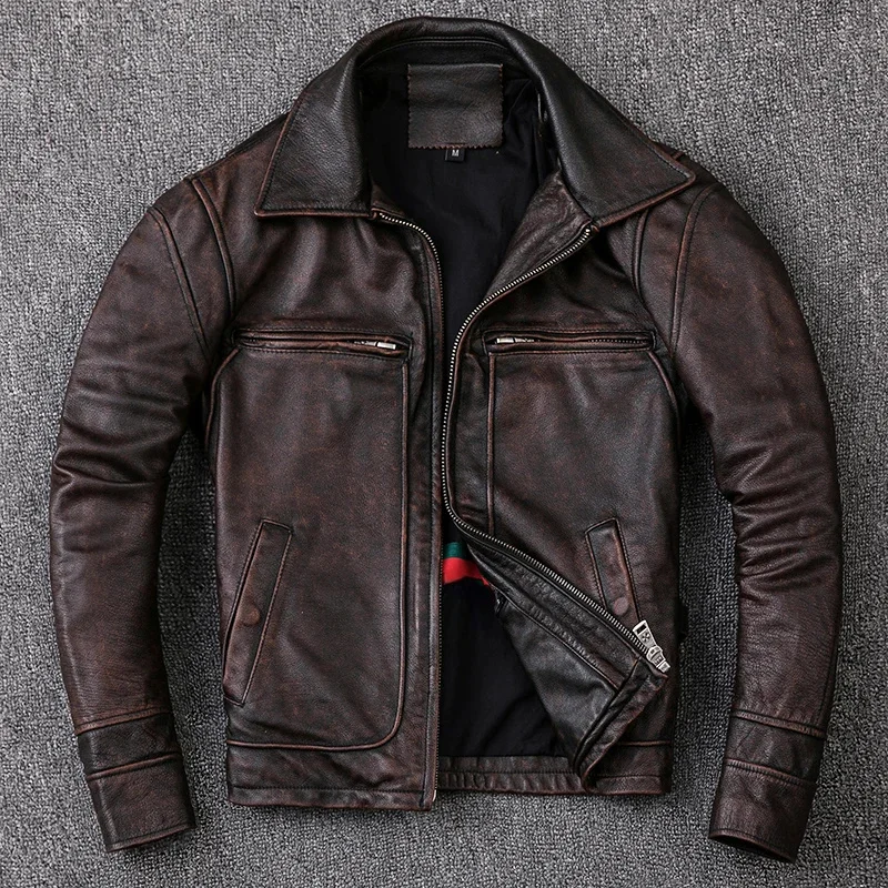 

Men New Cowhide Coat Men's Genuine Leather Jacket Vintage Style Man Clothes Motorcycle Biker Jackets Plus Size 134cm