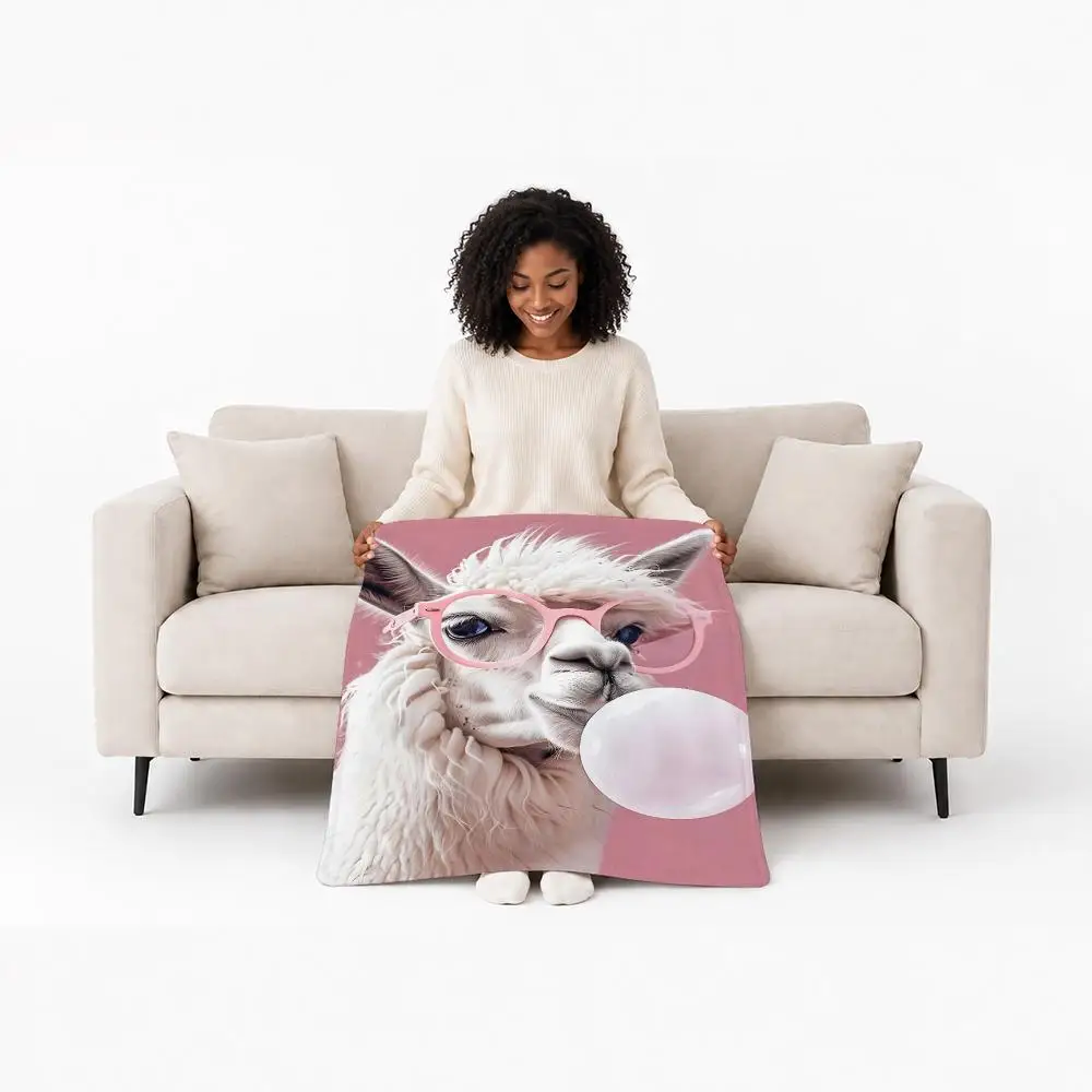 Cute Animal Alpaca Throw Custom Printed Flannel Fleece Blanket for Sofa Bed Office Travel & Camping
