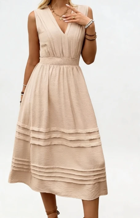 Elegant Women's Loose Dresses Solid Color Drawstring Sleeveless V-Neck Elastic Waist Dress for Women