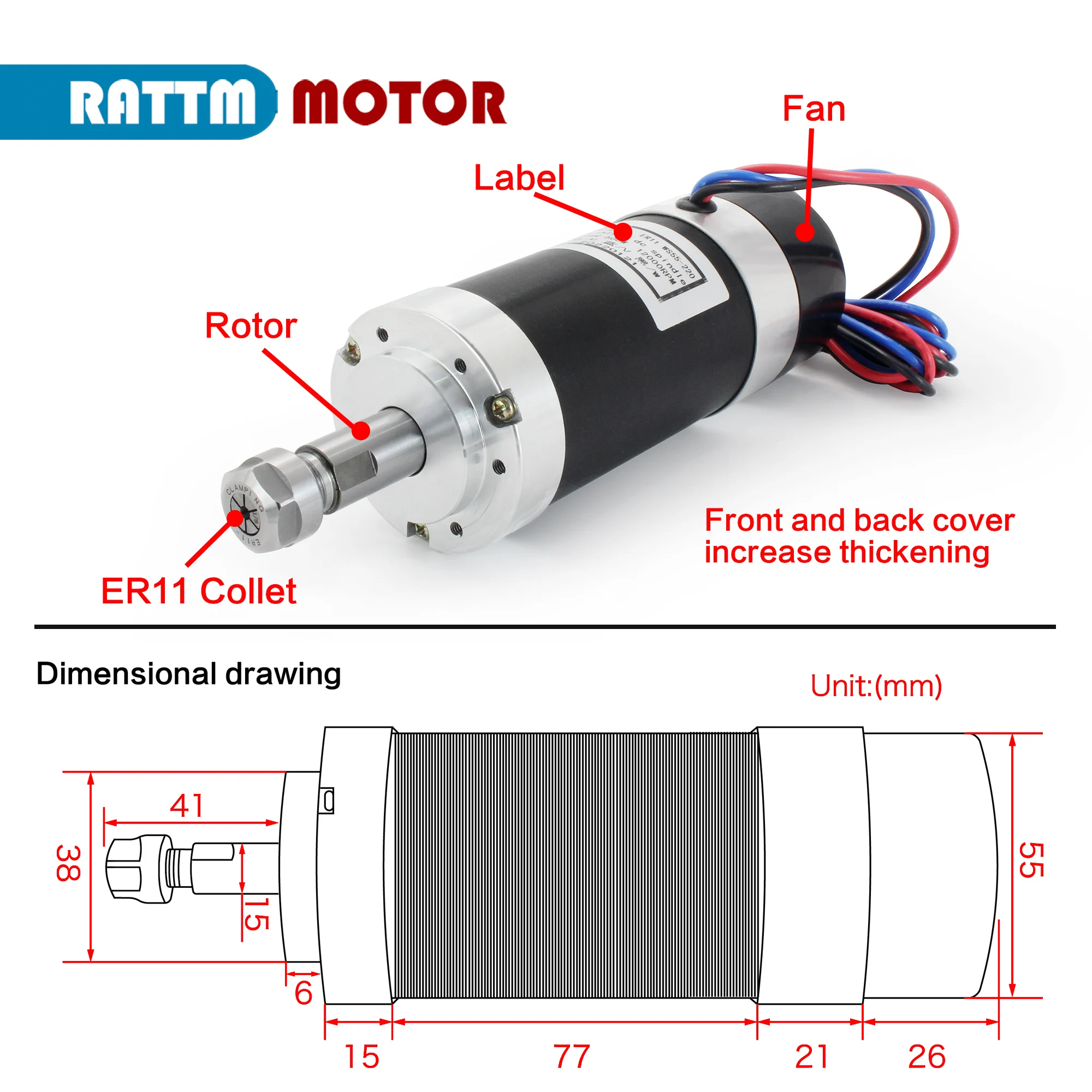 500W 48V DC Brushless Air Cooled Spindle Motor Kit ER11, 12000RPM, 0.6N.m, 55MM+BLDC Driver Motor Speed Controller, Power Supply