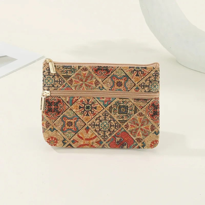 Fashion Cork Coin Purse Ethnic Style Double Layer Zipper Money Bag Luxury Retro Clutch Pocket Wallets