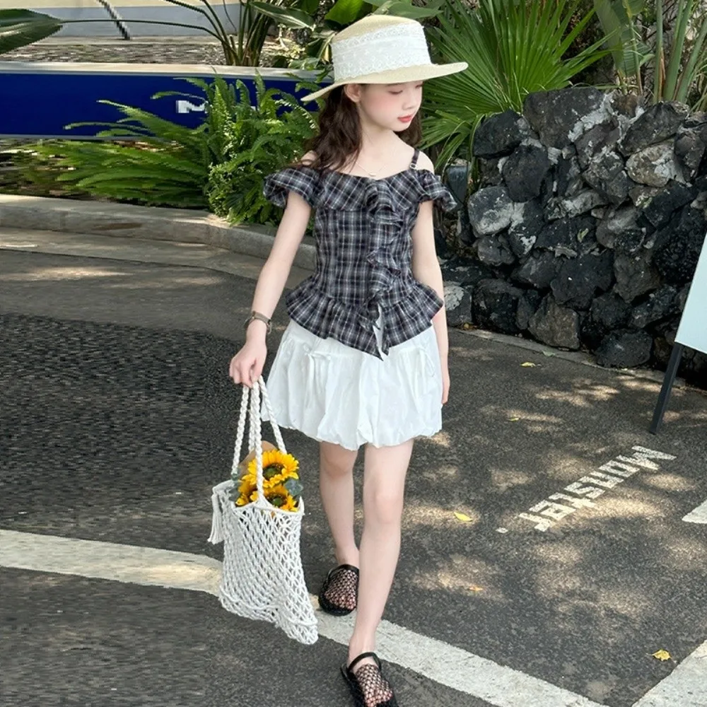 

Grid Pleated Ruffles Short Dress Camisole Top Suspenders Girls Puff Sleeve Skirt Casual Loose Children Plaid Dress