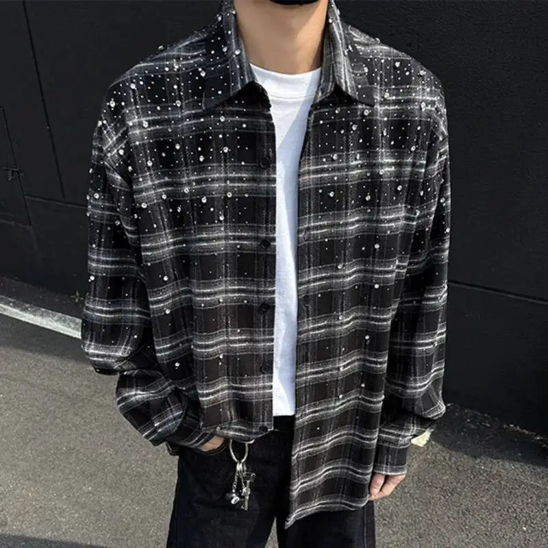 WVGA Spring Autumn New Man Tide Gypsophila Heavy Hot Diamond Trendy Long Sleeve Shirts Niche Chic Casual Plaid Shirt Ins W10345