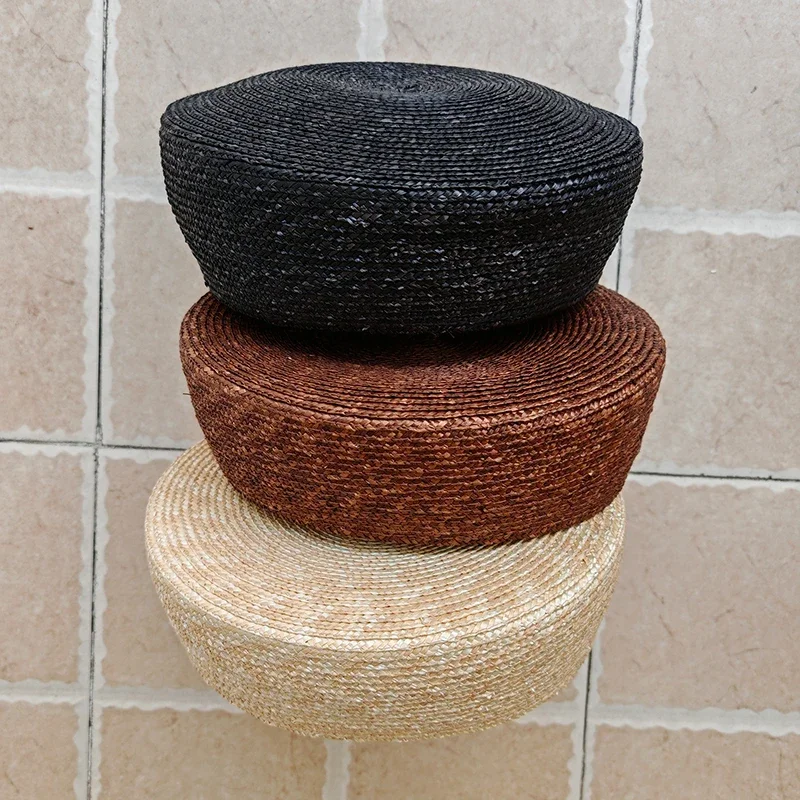 Topi Jerami Beret Datar Musim Panas untuk Wanita, Topi Pantai, Topi Gereja, Topi Pesta