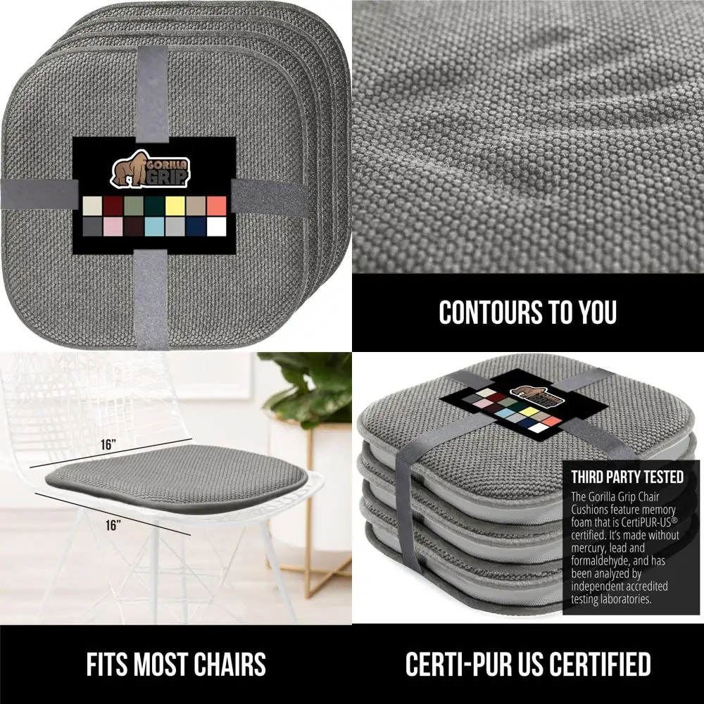

Non-Slip Memory Foam Chair Cushions, Set of 4, 16x16 Inches, Gray, Ideal for Dining, Kitchen, Office, and Rocking Chairs