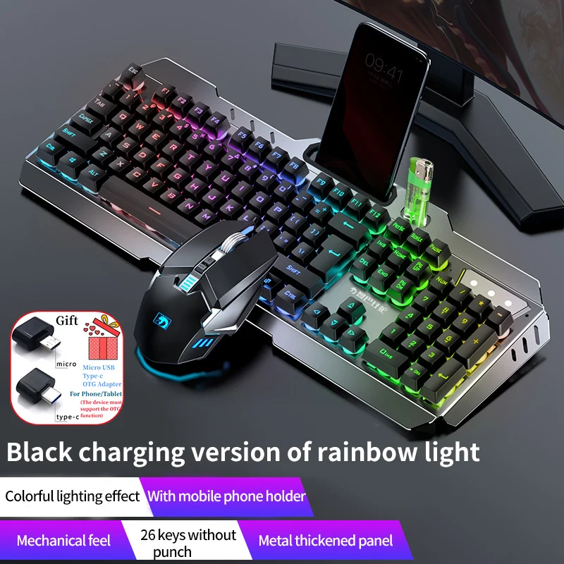 

Rechargeable 2.4G Wireless Keyboard and Mouse Set Metal Panel Gaming E-sports Keyboard Mouse Combos Mobile Phone Storage Holder