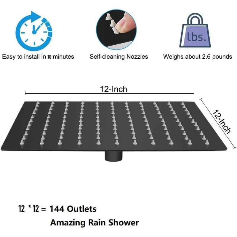 Rain Shower Head With Extension Arm, NearMoon Square Heads,Large Stainless Steel Rainfall Showerhead-Waterfall Full Body