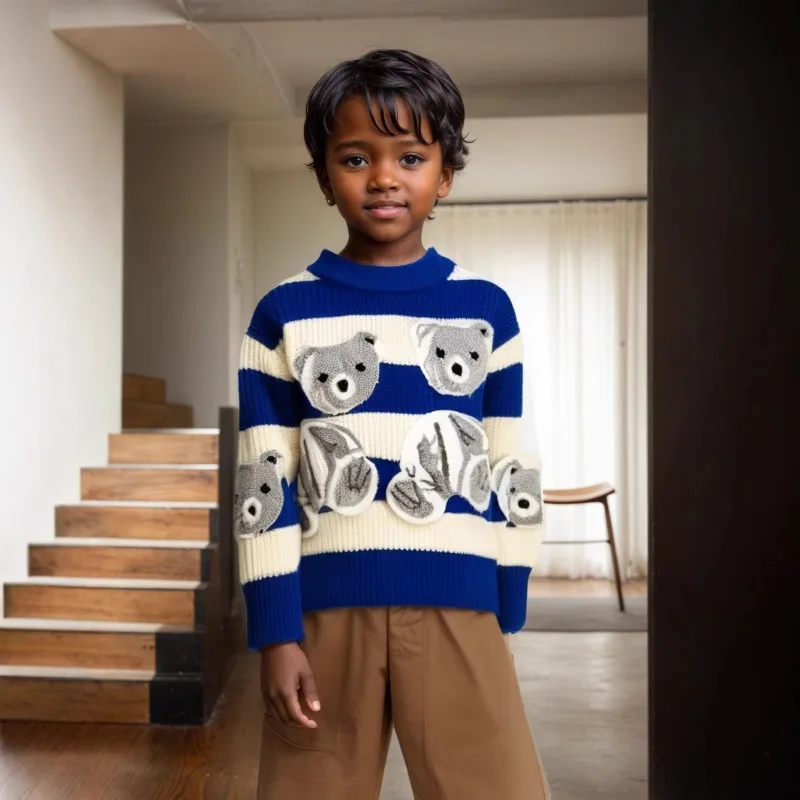 

Baby Girls Boys Sweater Kids Bear Striped Knitwear Thicken Warm Pullover 2025 Autumn Winter Children's Clothing