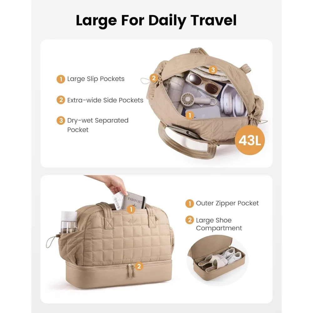 حقيبة نسائية كبيرة لعطلة نهاية الأسبوع مع حجرة للأحذية، حقيبة منتفخة للحمل للطائرات، حقيبة مستشفى مثالية