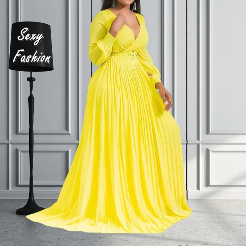 L-5XL Plus Size Dresses for Women 2023 Clothing Solid Color Long Sleeve Deep V Neck Pleateds Casual Sexy Elegant Evening Dress