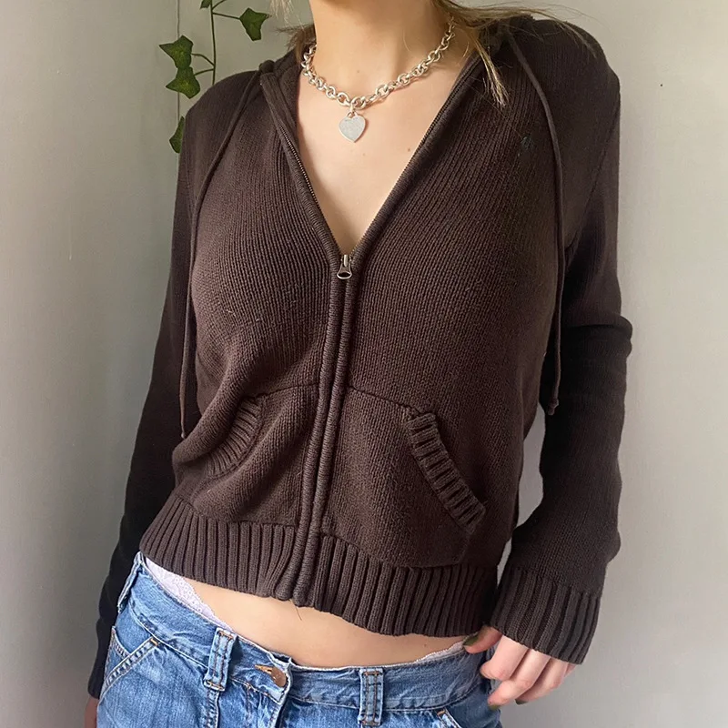 Sweats à capuche en tricot à fermeture éclair complète pour femmes, pulls décontractés, cardigan zippé PVD, vêtements Y2K, cardigan de proximité à