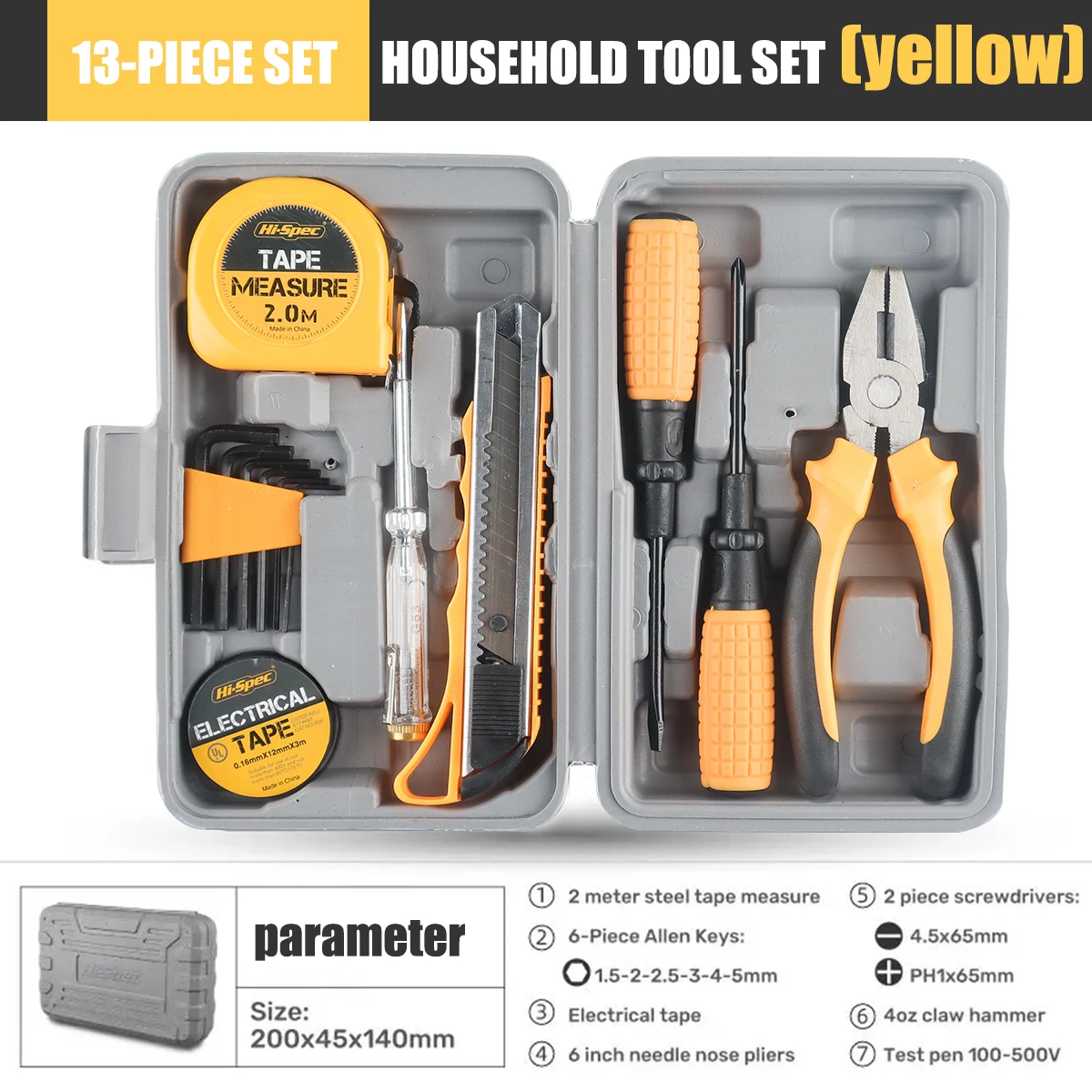 13 In 1 Multifunctional Home Repair Hand Tool Set Pliers Tape Measure Hammer Wrench Screwdriver yellow Hardware With Toolbox