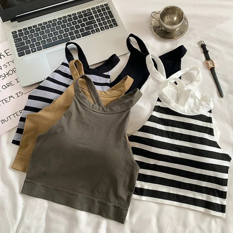 1X Women Camisole With Breast Pad Summer Stripe Sleeveless Backless Slim Tank Top