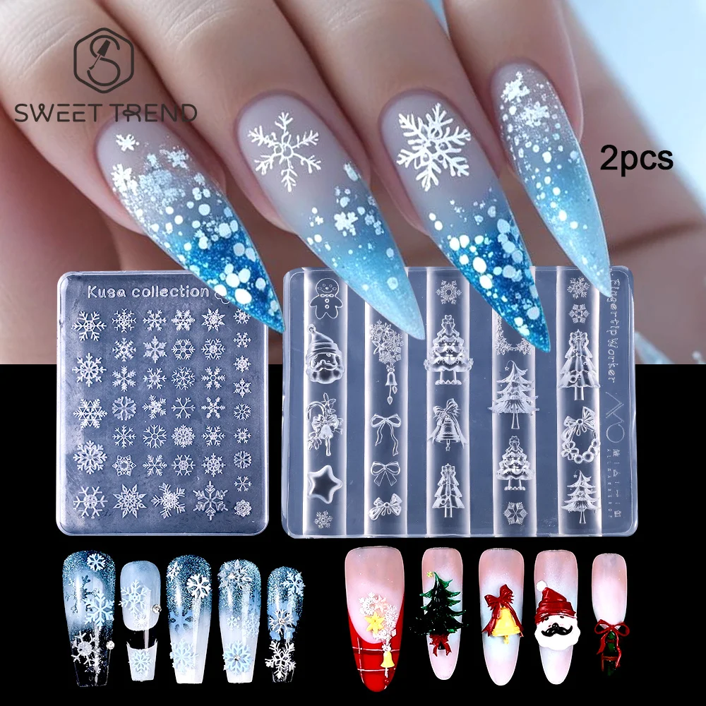 SWEET TREND-2pcs Winter Christmas Snowflakes 3D Silicone Nail Carving Mold Christmas tree Design Mould Plate DIY Manicure Tools