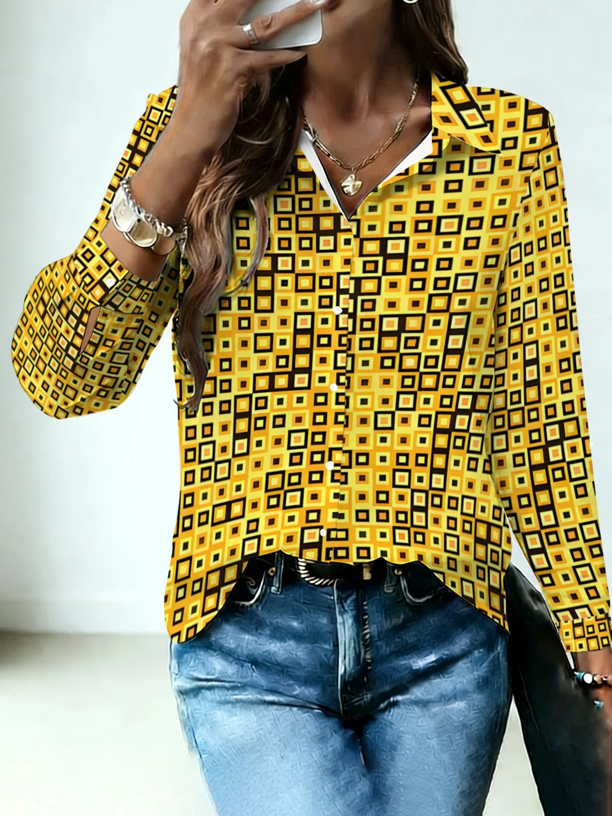 Trendy Retro Grid Womens Collared Shirt Vivid Yellow Base All Over Nested Square Geometric Print Long Sleeve Street Dating Blous