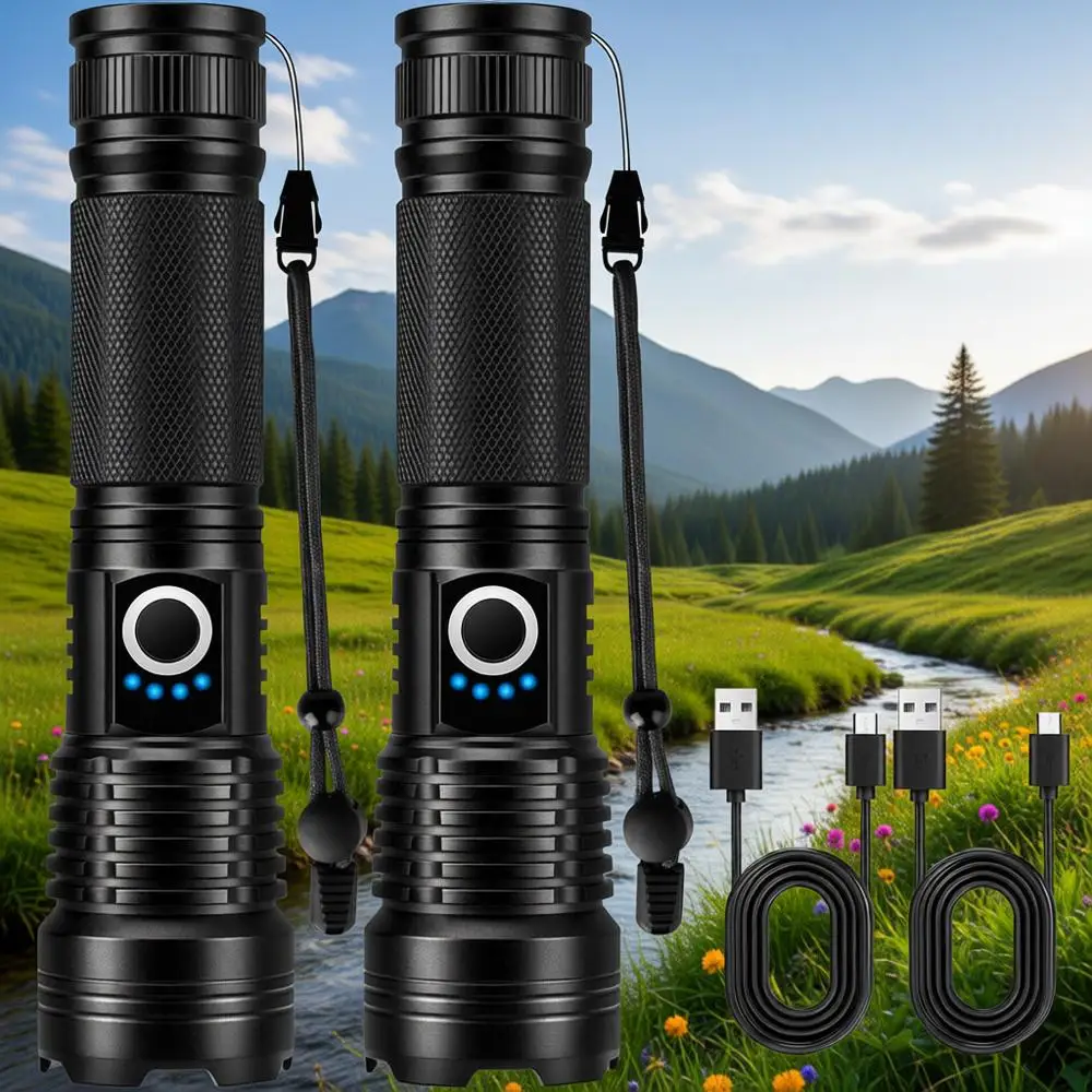 

Перезаряжаемые светодиодные фонарики 90 000 люмен - 2 шт., ультраяркие, с 5 режимами, водонепроницаемые для использования на улице и дома