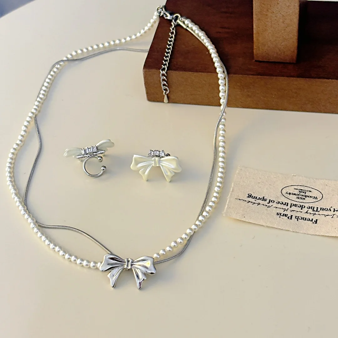 

DUTRIEUX Elegance Sweet Y2K Style Bow Double Layer Necklace Ear Bone Clip Set For Women Fashion Temperament Jewelry Party Gifts