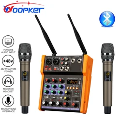 Woopker 4-Channel Audio Mixer Console with Wireless Microphone Sound Mixing Bluetooth USB input DJ Mixer