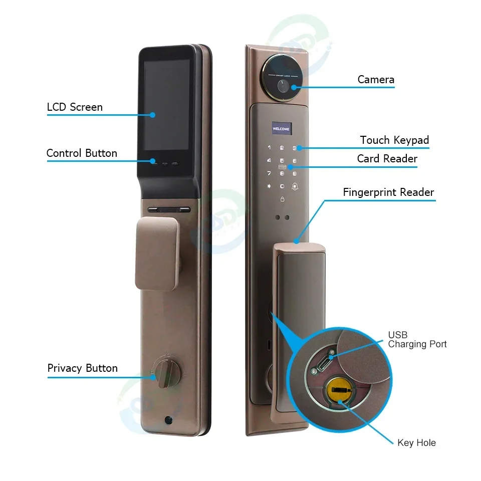 Várias maneiras de desbloqueio fechadura da porta inteligente reconhecimento facial vídeo porteiro palma veia tuya wifi câmera embutida fechadura da porta