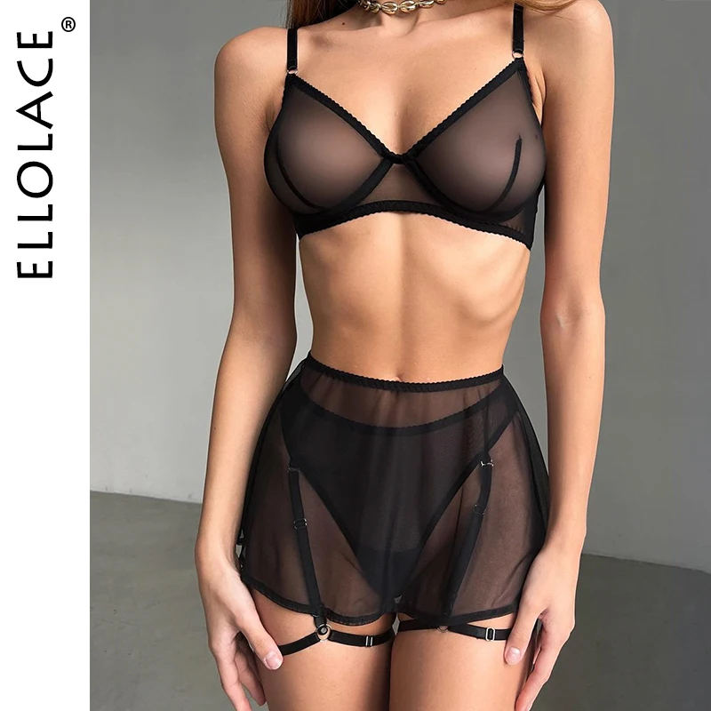 Ellolace Sensual Lingerie Transparent Lace Bra And Panty Set See-through Hemline Seamless Tulle Underwear Black Sexy Outfits