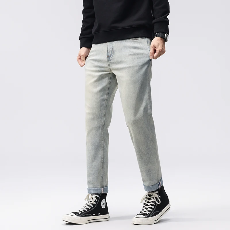 2025 ฤดูใบไม้ร่วงอเมริกันRetroซีเมนต์สีเหลืองDENIMกางเกงยีนส์ผู้ชายเกาหลีสไตล์อินเทรนด์ยืดเรียวตรงกางเกง