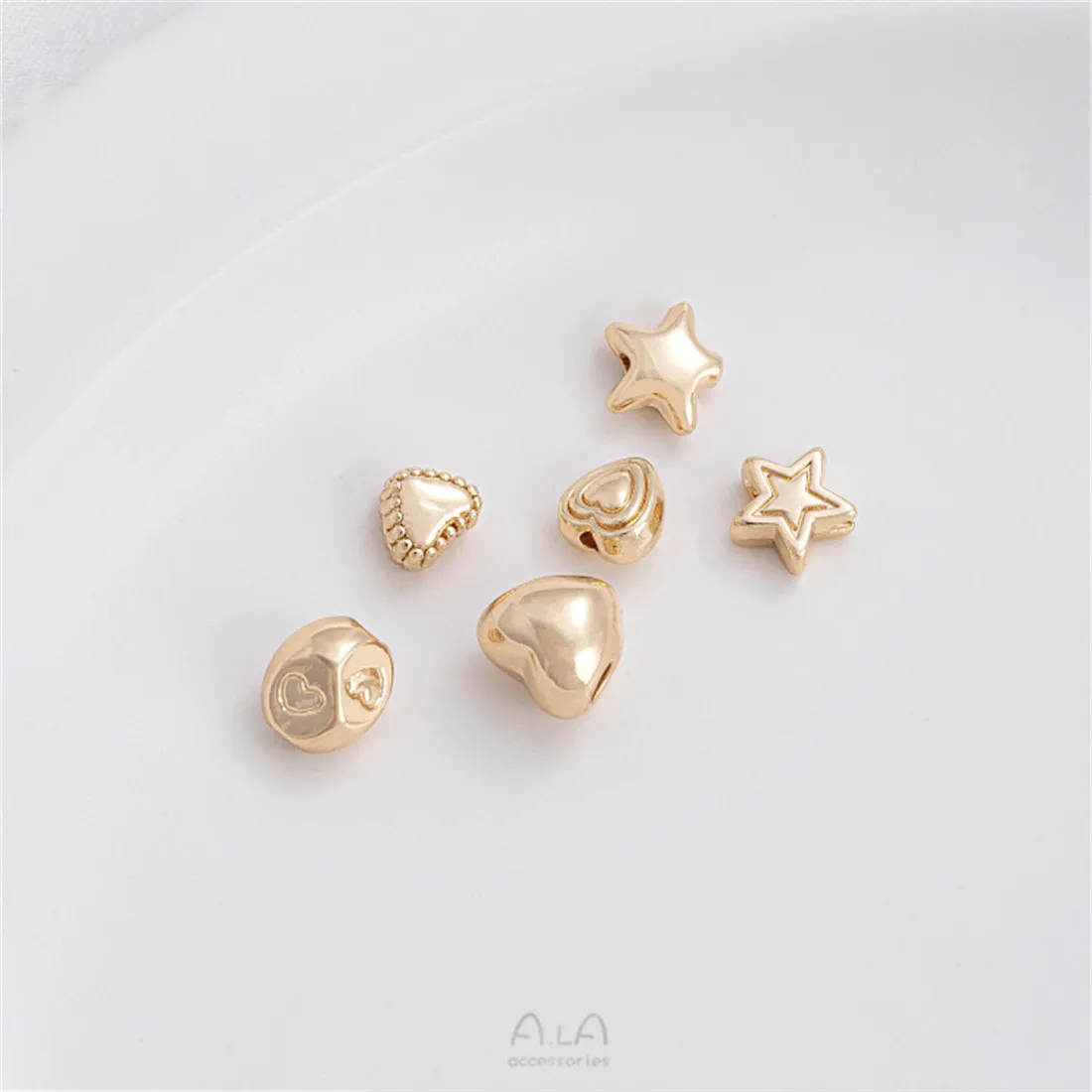 14K Gold-Wrapped Beads, Three-Dimensional, Pentagonal Star, Peach Heart, Separated, Handmade, Loose, DIY Bracelet Accessories