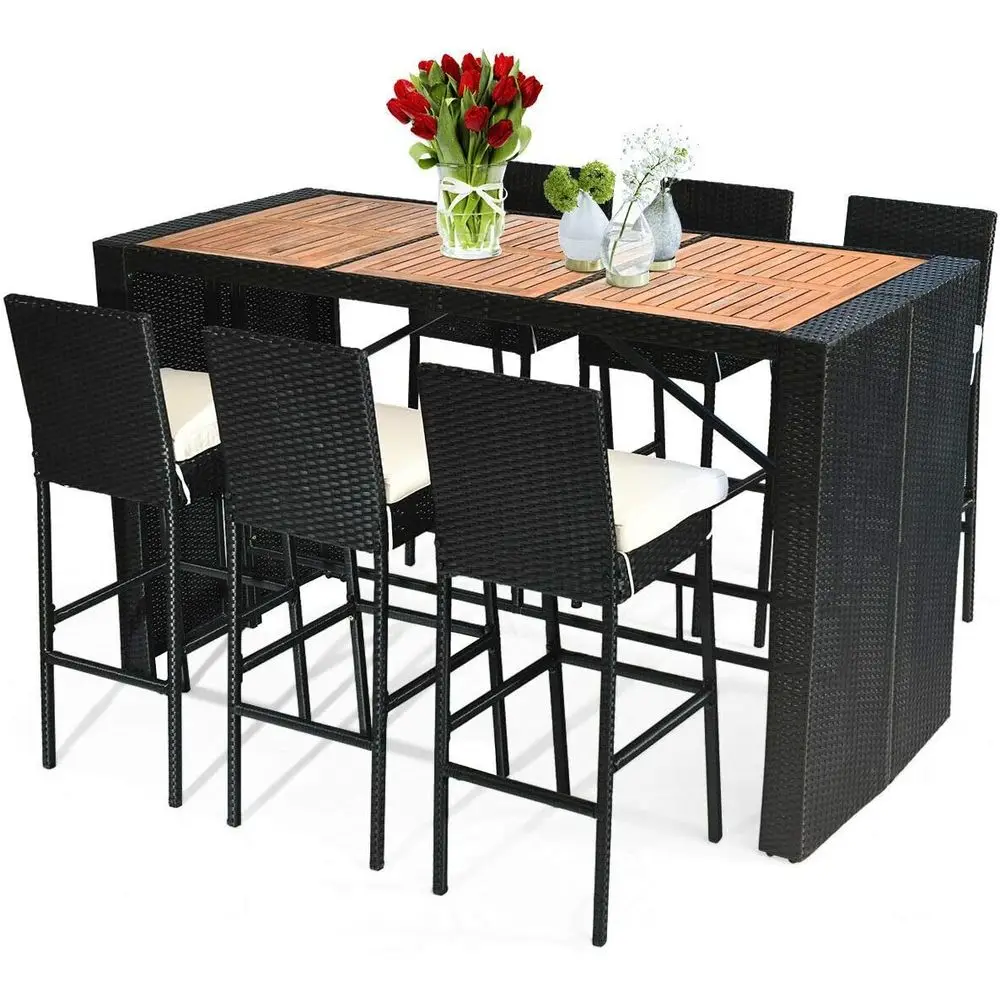 7-Piece Outdoor Wicker Furniture Set with Acacia Wood Table and Cushions for Patio, Backyard, Porch, and Poolside (Black)