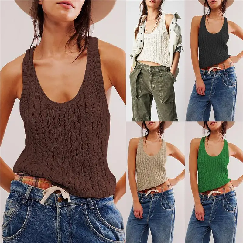 

2025 New Summer Hot S Knitted Sweater Cross-Border Women's Faion Color Knitwear Vest Top A-Line Narrow Strap Vest