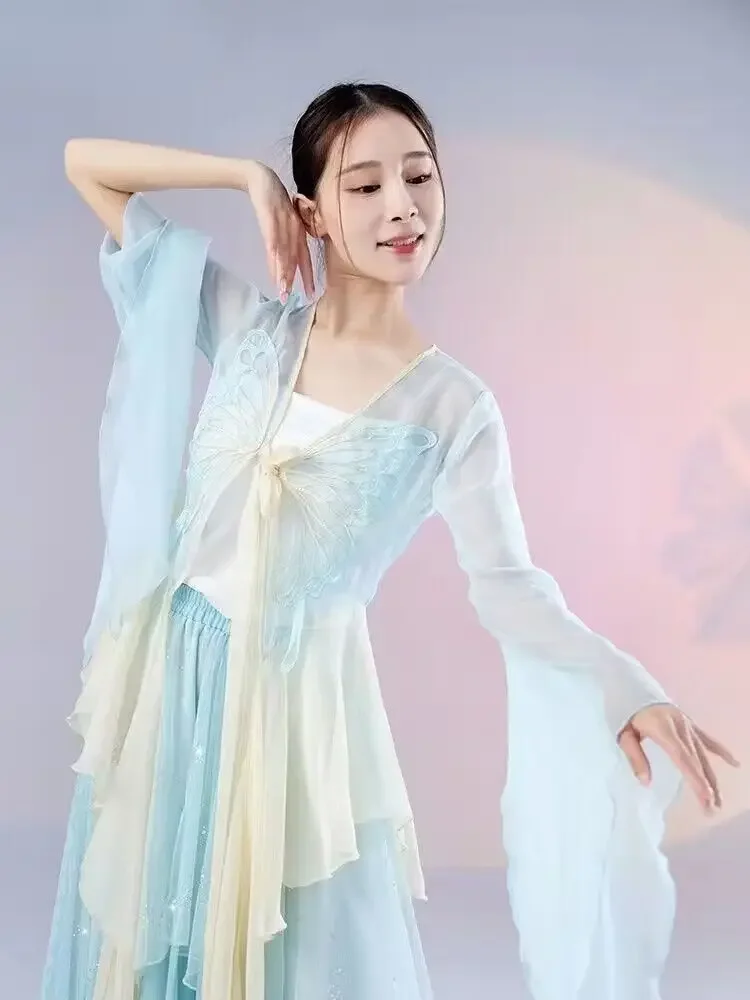 Chinese style folk dance classical dancer performance costumes elegant cardigan practice clothes body rhyme long outer gauze