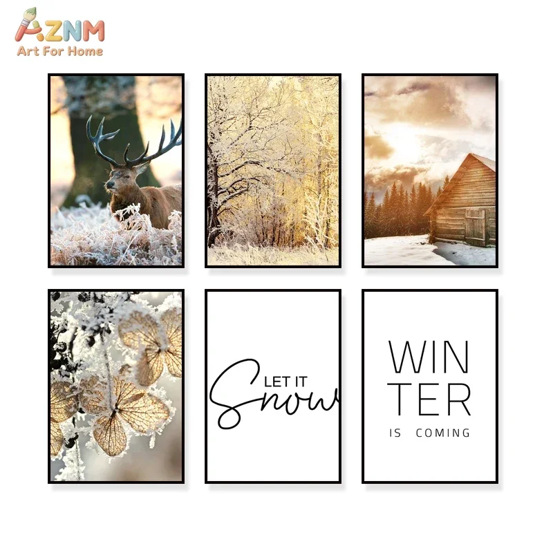 AZNM Winter Scenery Canvas Wall Art Snow Deer Forest Cabin Frost Flower Letter Print Frameless Canvas Painting Home Wall Decor