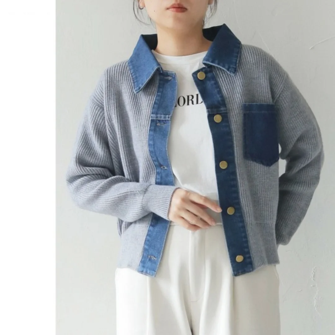 

Autumn Winter New Knitted Patchwork Denim Cardigan Sweater Women's Polo Neck Long Sleeve Beautiful Casual Versatile Tops