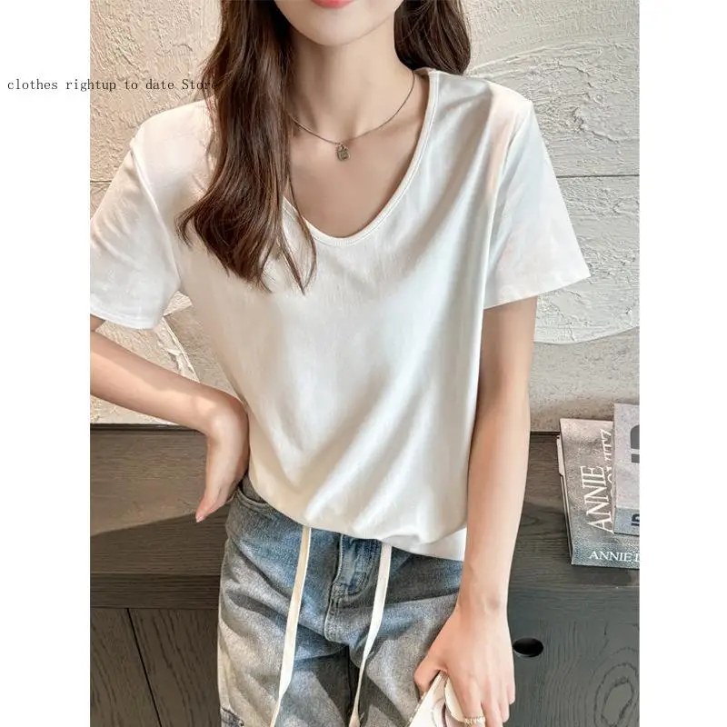 Loose V-Neck Shoulder Short Sleeved T-Shirt for Women's Summer High-End Clothing Belly Covering T-Shirt