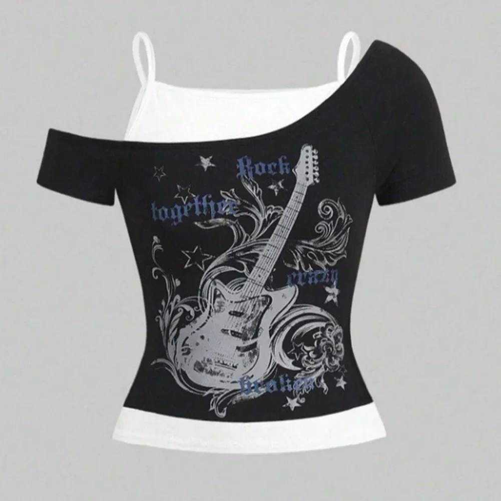 

Casual Loose Top Gothic Print T-Shirt Casual Wear High Waist Style Medium Stretch Material Casual Loose Fit T-shirt