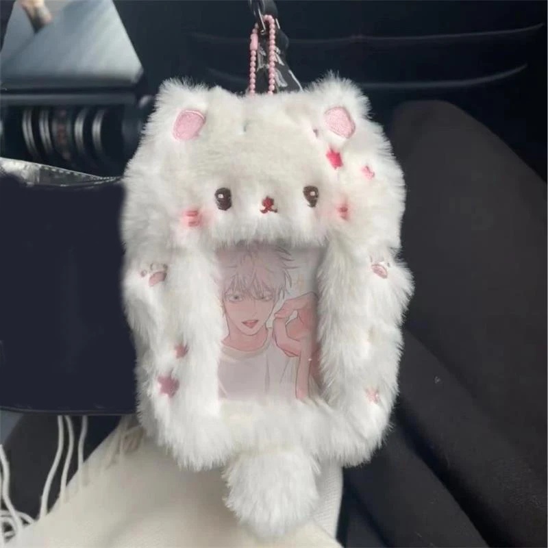 1PCS Cute Cat Kitten Rabbit Plush Card Case Kpop Fan Photocard Case Bag Keyring Pendant Idol Photo Protective Cover
