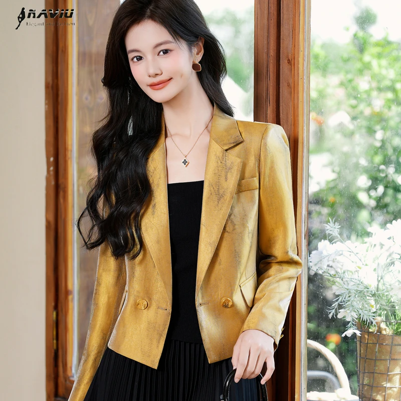 

NAVIU Black Golden Slim Fit Women's Suit Jacket Fashion Commute Professional Style Autumn New Arrival Blazer Office Casual Coat