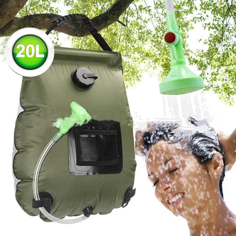 Bolsa de ducha portátil para exteriores, bolsa de agua con calefacción Solar verde militar de 20L, para acampada y baño, novedad